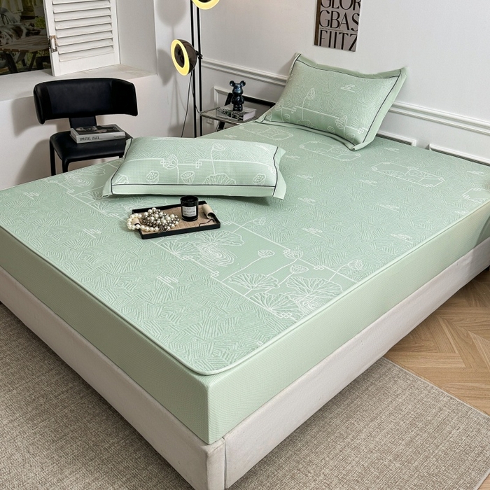 91家纺网 家纺一手货源 找家纺 牵梦萦家纺 2026新款立体浮雕压花工艺凉感豆豆凉席-床笠款 豆豆荷塘月色-绿色