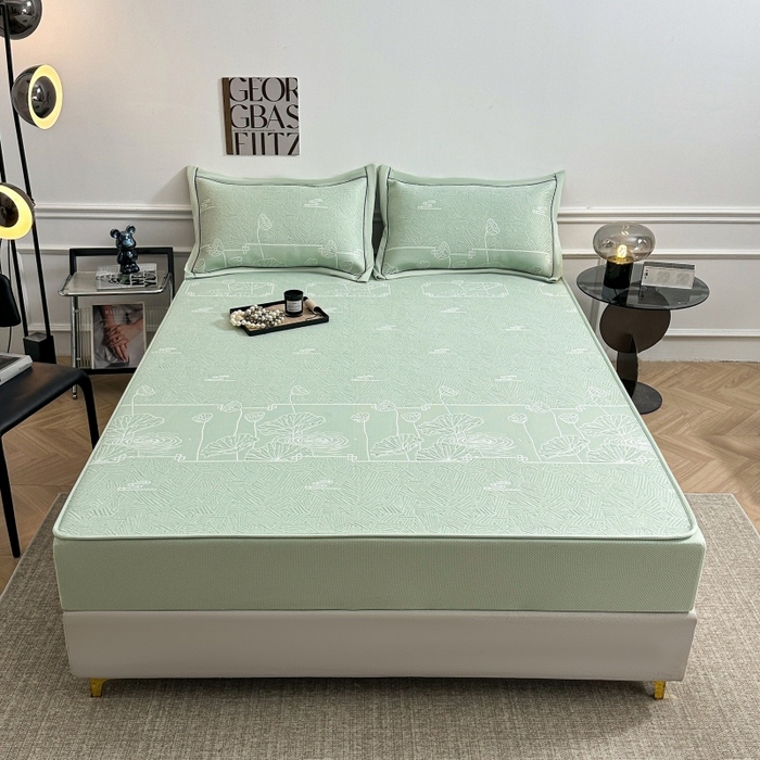 91家纺网 家纺一手货源 找家纺 牵梦萦家纺 2026新款立体浮雕压花工艺凉感豆豆凉席-床笠款 豆豆荷塘月色-绿色