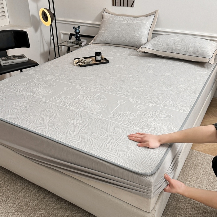 牵梦萦家纺 2026新款立体浮雕压花工艺凉感豆豆凉席-床笠款 豆豆荷塘月色-浅灰色