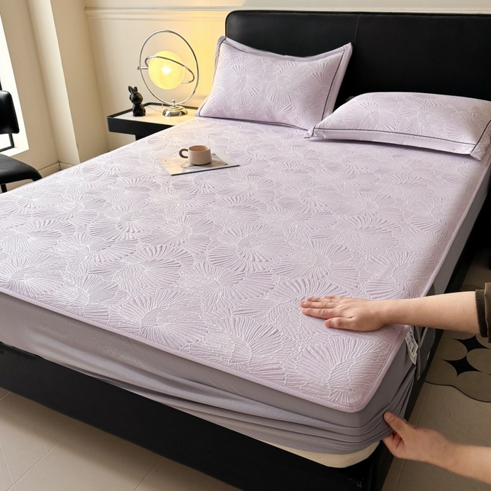 牵梦萦家纺 2026新款立体浮雕压花工艺凉感豆豆凉席-床笠款 豆豆银杏叶-淡紫色