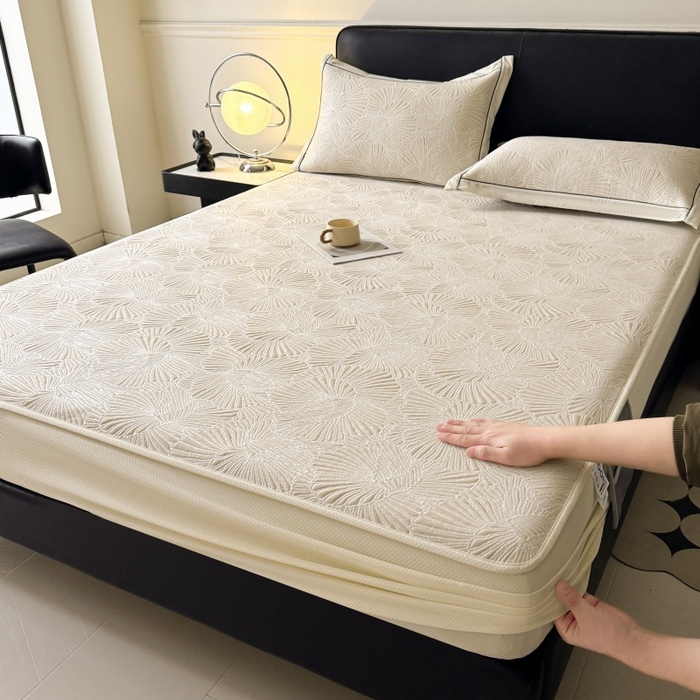 牵梦萦家纺 2026新款立体浮雕压花工艺凉感豆豆凉席-床笠款 豆豆银杏叶-奶白色