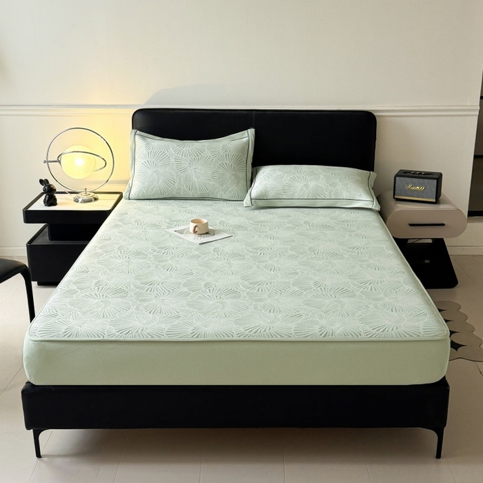 91家纺网 家纺一手货源 找家纺 牵梦萦家纺 2026新款立体浮雕压花工艺凉感豆豆凉席-床笠款 豆豆银杏叶-绿色