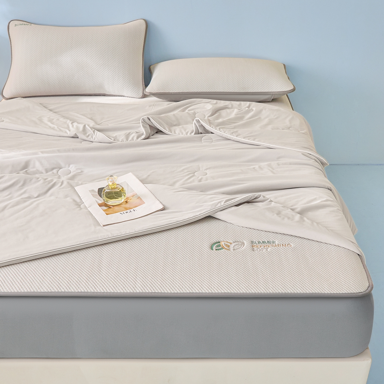 91家纺网 家纺一手货源 找家纺 欧邦 2026新款PE中分子刺绣款冰豆豆床笠夏被套件-序叶系列 序叶-咖