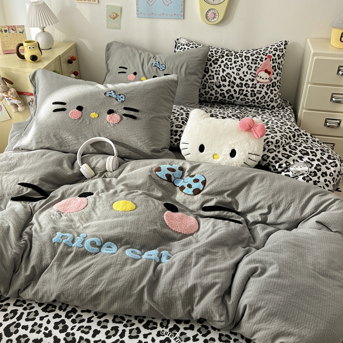 花伞家居 2026新款表情喵毛巾绣A类皱皱纱四件套含买家秀 表情喵-松烟灰