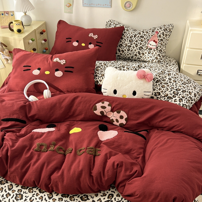 花伞家居 2026新款表情喵毛巾绣A类皱皱纱四件套含买家秀 表情喵-绛红