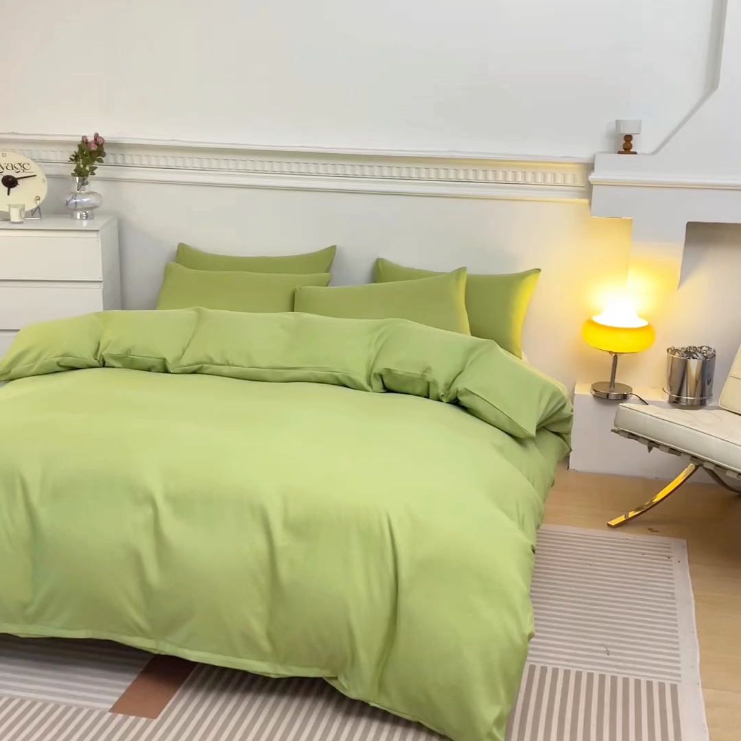 91家纺网 家纺一手货源 找家纺 莎臣豹 2026新款水洗棉磨毛印花简约风单品被套 抹茶绿