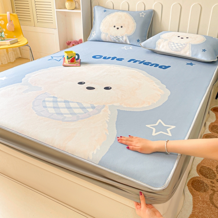 柒月家居 2026新款大版印花碳光冰丝席床笠款凉席 床笠-围兜狗狗