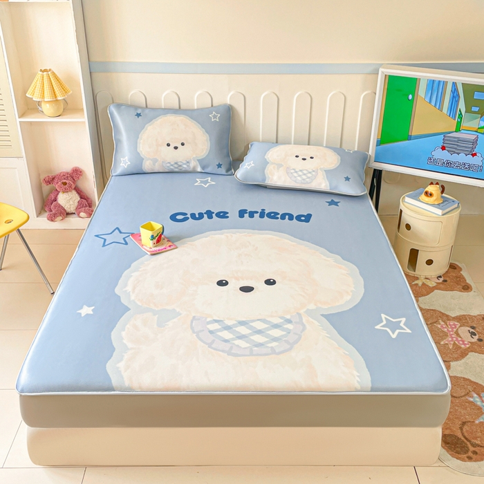 91家纺网 家纺一手货源 找家纺 柒月家居 2026新款大版印花碳光冰丝席床笠款凉席 床笠-围兜狗狗