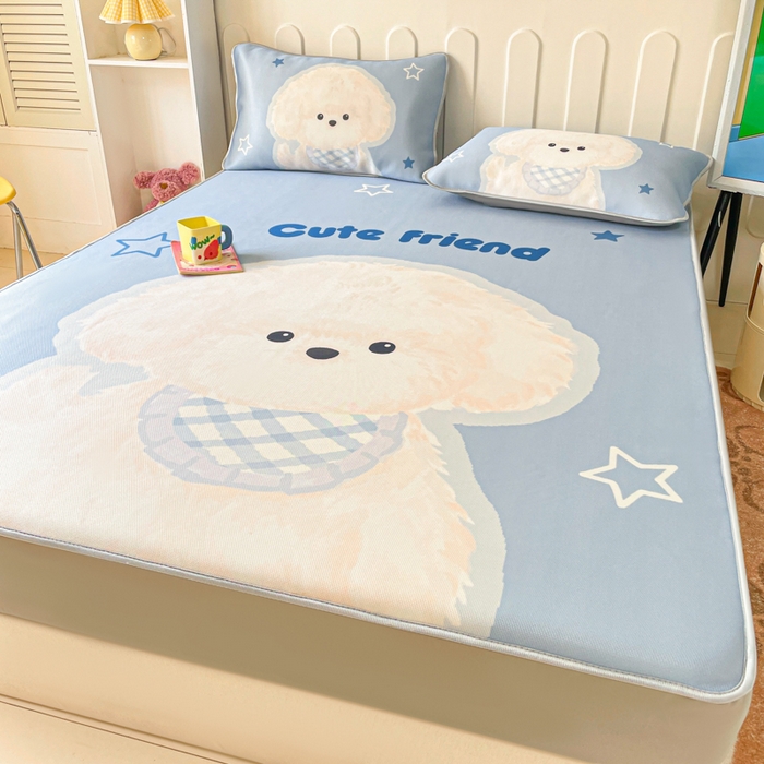 91家纺网 家纺一手货源 找家纺 柒月家居 2026新款大版印花碳光冰丝席床笠款凉席 床笠-围兜狗狗