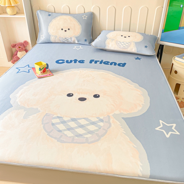 91家纺网 家纺一手货源 找家纺 柒月家居 2026新款大版印花碳光冰丝席床笠款凉席 床笠-围兜狗狗