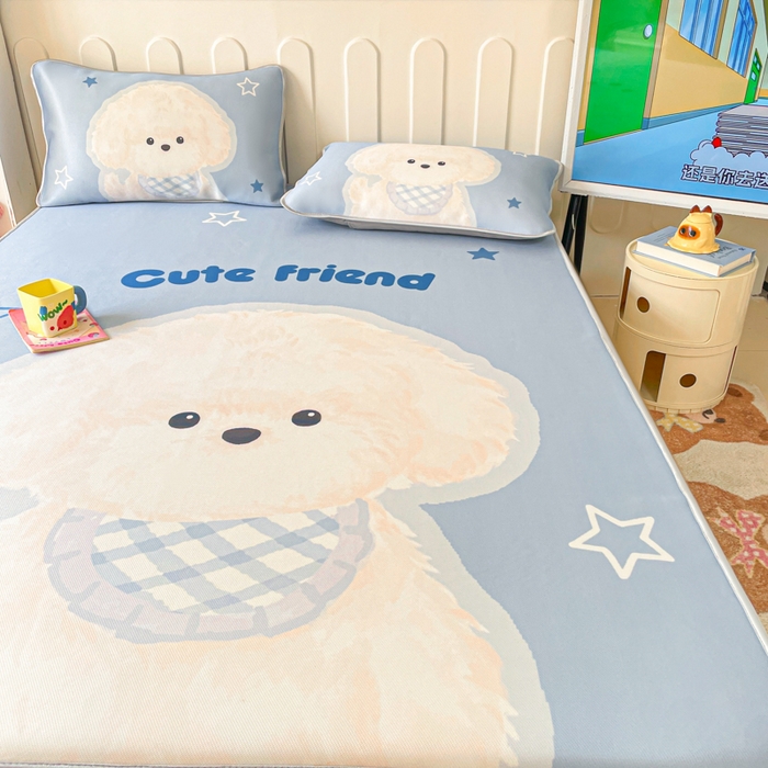 91家纺网 家纺一手货源 找家纺 柒月家居 2026新款大版印花碳光冰丝席床笠款凉席 床笠-围兜狗狗