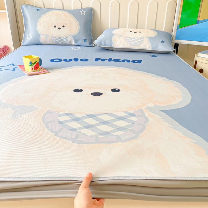 91家纺网 家纺一手货源 找家纺 柒月家居 2026新款大版印花碳光冰丝席床笠款凉席 床笠-围兜狗狗