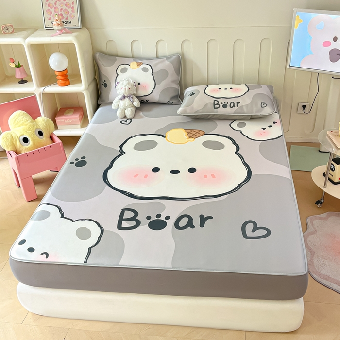 91家纺网 家纺一手货源 找家纺 柒月家居 2026新款大版印花碳光冰丝席床笠款凉席 床笠-斑点熊灰