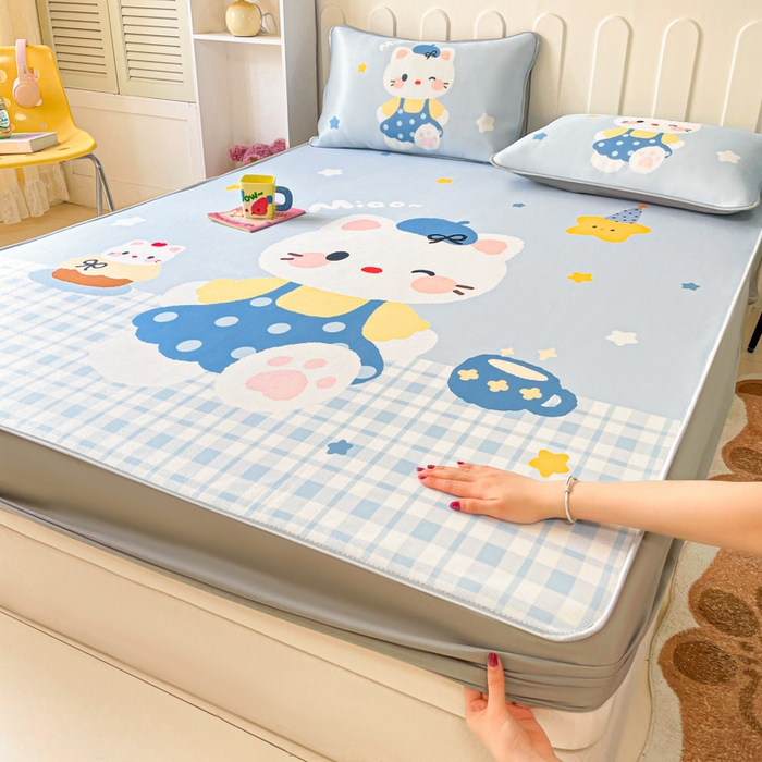 柒月家居 2026新款大版印花碳光冰丝席床笠款凉席 床笠-茶茶蓝猫