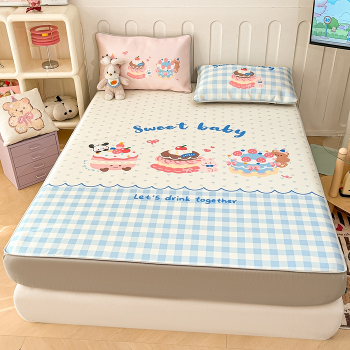 91家纺网 家纺一手货源 找家纺 柒月家居 2026新款大版印花碳光冰丝席床笠款凉席 床笠-蛋糕派对