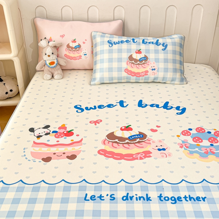 91家纺网 家纺一手货源 找家纺 柒月家居 2026新款大版印花碳光冰丝席床笠款凉席 床笠-蛋糕派对