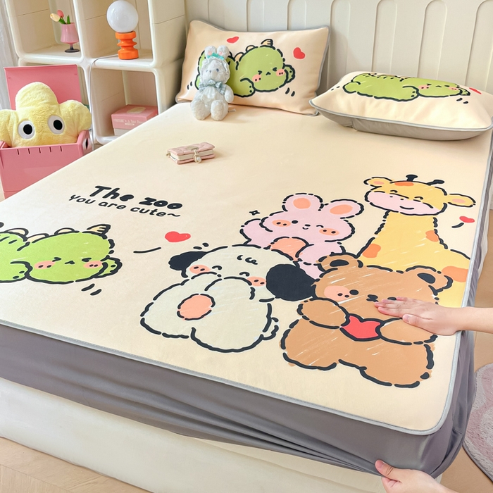 柒月家居 2026新款大版印花碳光冰丝席床笠款凉席 床笠-动物派对