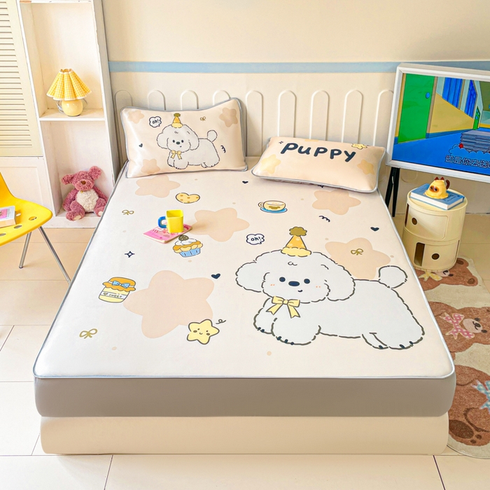 91家纺网 家纺一手货源 找家纺 柒月家居 2026新款大版印花碳光冰丝席床笠款凉席 床笠-卷卷白狗