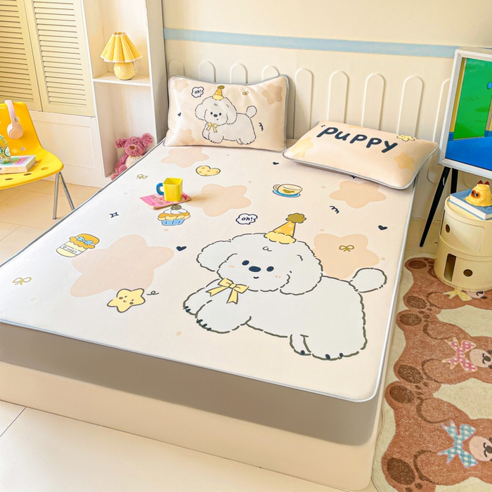 91家纺网 家纺一手货源 找家纺 柒月家居 2026新款大版印花碳光冰丝席床笠款凉席 床笠-卷卷白狗