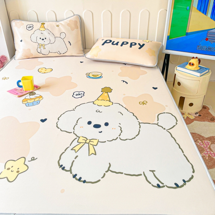 91家纺网 家纺一手货源 找家纺 柒月家居 2026新款大版印花碳光冰丝席床笠款凉席 床笠-卷卷白狗