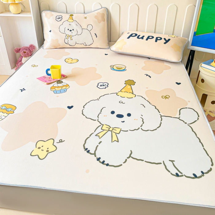 91家纺网 家纺一手货源 找家纺 柒月家居 2026新款大版印花碳光冰丝席床笠款凉席 床笠-卷卷白狗