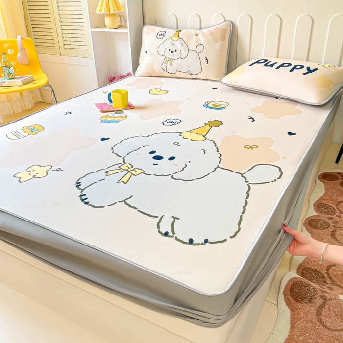 91家纺网 家纺一手货源 找家纺 柒月家居 2026新款大版印花碳光冰丝席床笠款凉席 床笠-卷卷白狗