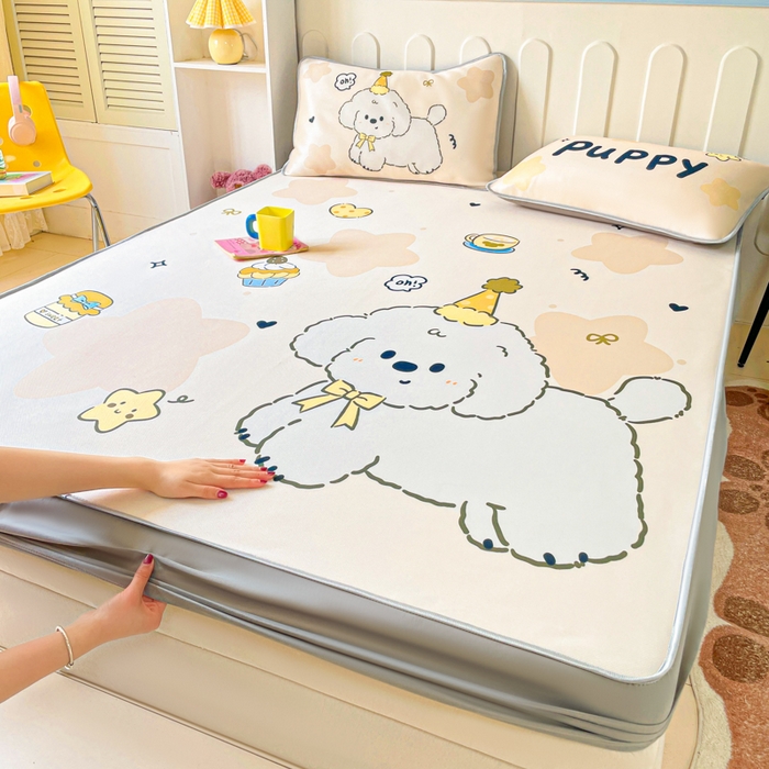 91家纺网 家纺一手货源 找家纺 柒月家居 2026新款大版印花碳光冰丝席床笠款凉席 床笠-卷卷白狗