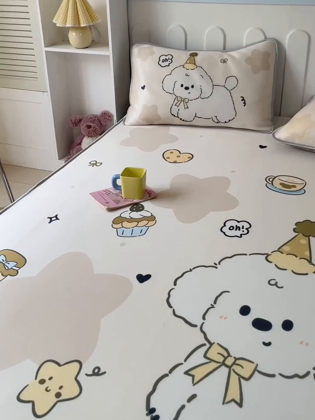 91家纺网 家纺一手货源 找家纺 柒月家居 2026新款大版印花碳光冰丝席床笠款凉席 床笠-卷卷白狗