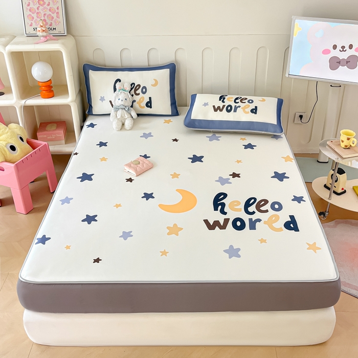 91家纺网 家纺一手货源 找家纺 柒月家居 2026新款大版印花碳光冰丝席床笠款凉席 床笠-满天星辰