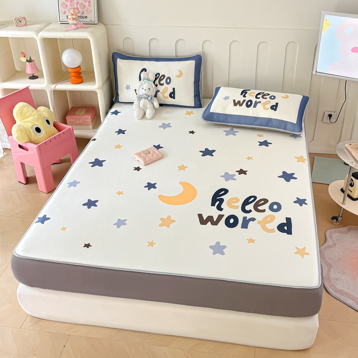 91家纺网 家纺一手货源 找家纺 柒月家居 2026新款大版印花碳光冰丝席床笠款凉席 床笠-满天星辰