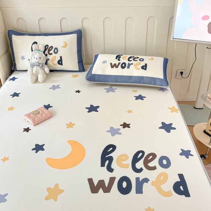 91家纺网 家纺一手货源 找家纺 柒月家居 2026新款大版印花碳光冰丝席床笠款凉席 床笠-满天星辰