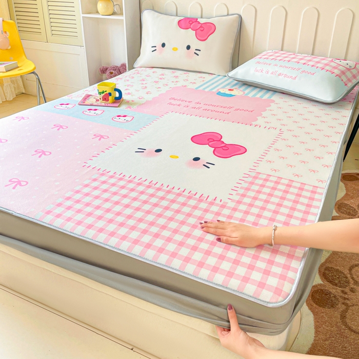 柒月家居 2026新款大版印花碳光冰丝席床笠款凉席 床笠-猫猫小窝