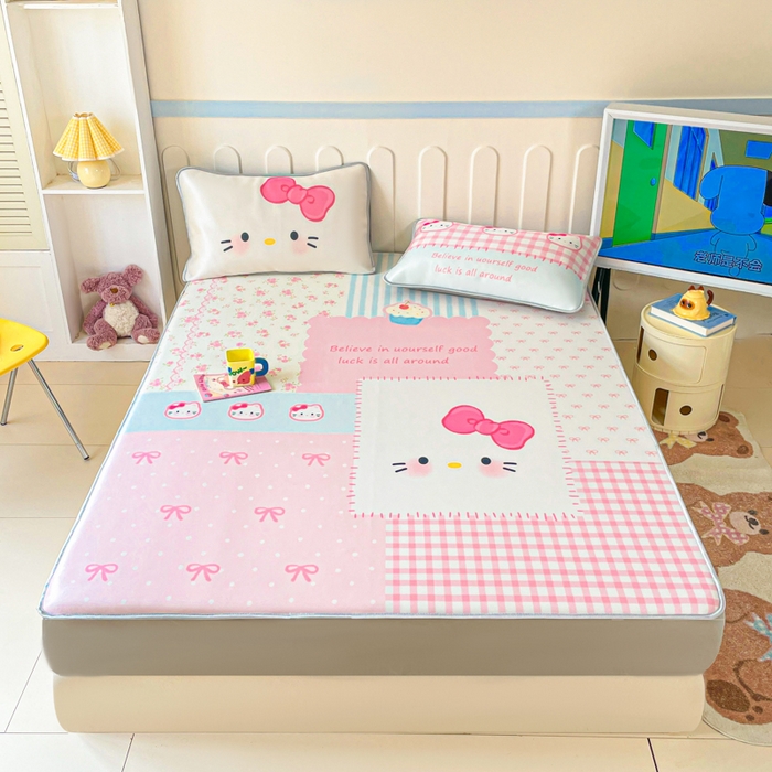 91家纺网 家纺一手货源 找家纺 柒月家居 2026新款大版印花碳光冰丝席床笠款凉席 床笠-猫猫小窝