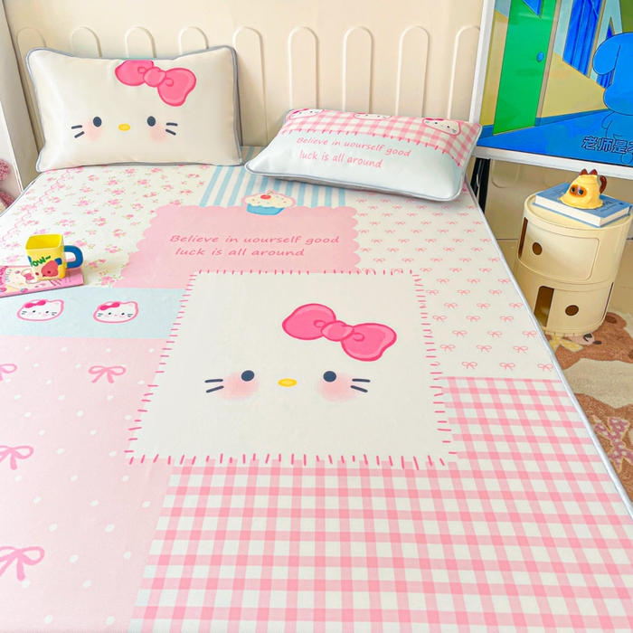 91家纺网 家纺一手货源 找家纺 柒月家居 2026新款大版印花碳光冰丝席床笠款凉席 床笠-猫猫小窝