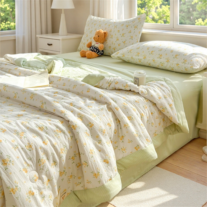 91家纺网 家纺一手货源 找家纺 晓时候 2026新款双层纱印花夏被床盖四件套新疆棉花被夏凉被空调被单夏被 安然入夏