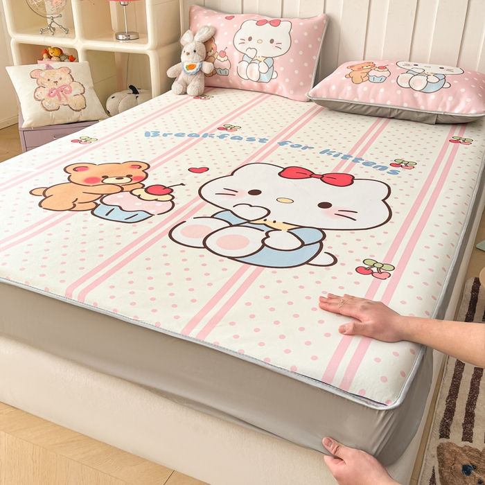 柒月家居 2026新款大版印花碳光冰丝席床笠款凉席 床笠-猫咪伙伴