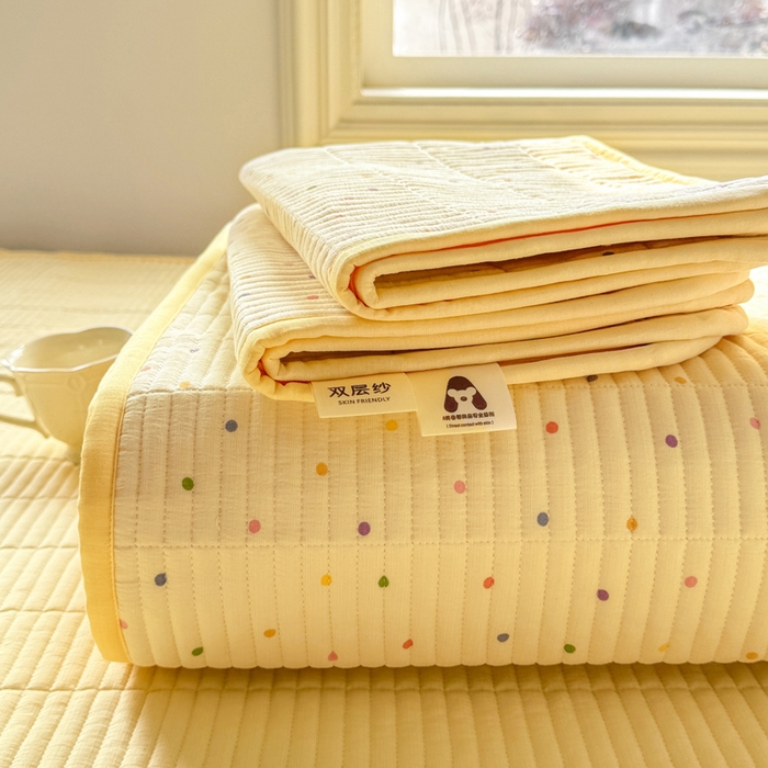 91家纺网 家纺一手货源 找家纺 晓时候 2026新款双层纱印花夏被床盖四件套新疆棉花被夏凉被空调被单夏被 多彩波点