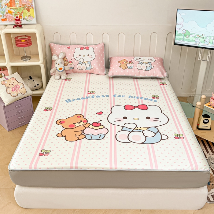 91家纺网 家纺一手货源 找家纺 柒月家居 2026新款大版印花碳光冰丝席床笠款凉席 床笠-猫咪伙伴