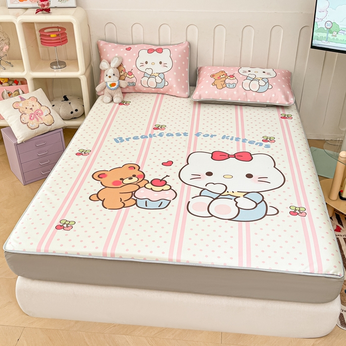 91家纺网 家纺一手货源 找家纺 柒月家居 2026新款大版印花碳光冰丝席床笠款凉席 床笠-猫咪伙伴