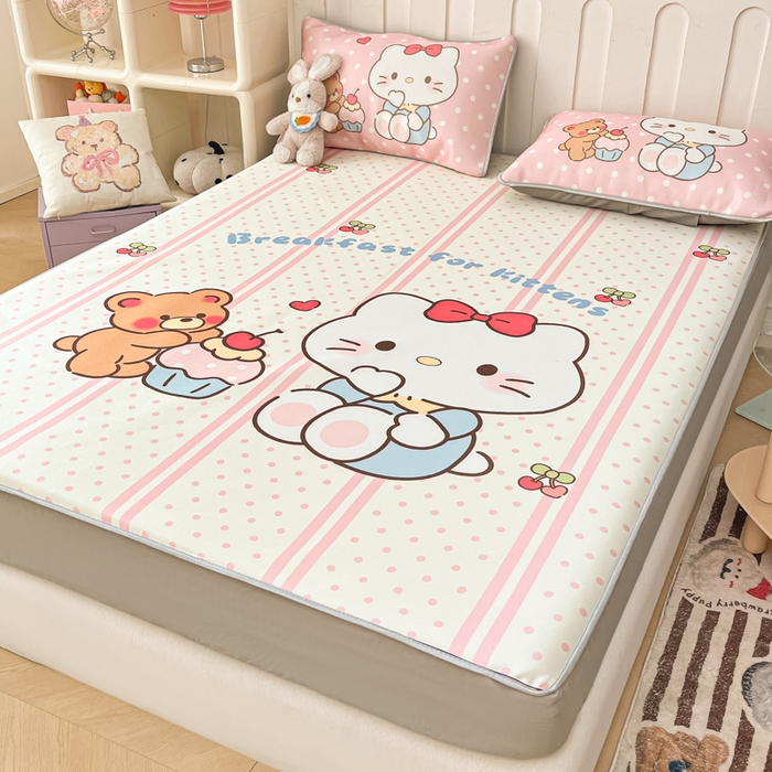 91家纺网 家纺一手货源 找家纺 柒月家居 2026新款大版印花碳光冰丝席床笠款凉席 床笠-猫咪伙伴