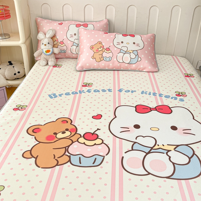 91家纺网 家纺一手货源 找家纺 柒月家居 2026新款大版印花碳光冰丝席床笠款凉席 床笠-猫咪伙伴