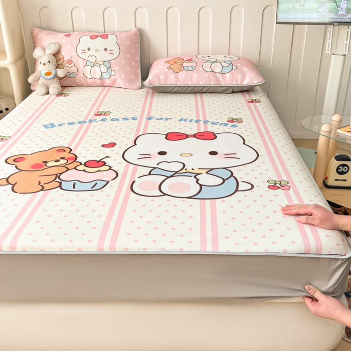 91家纺网 家纺一手货源 找家纺 柒月家居 2026新款大版印花碳光冰丝席床笠款凉席 床笠-猫咪伙伴