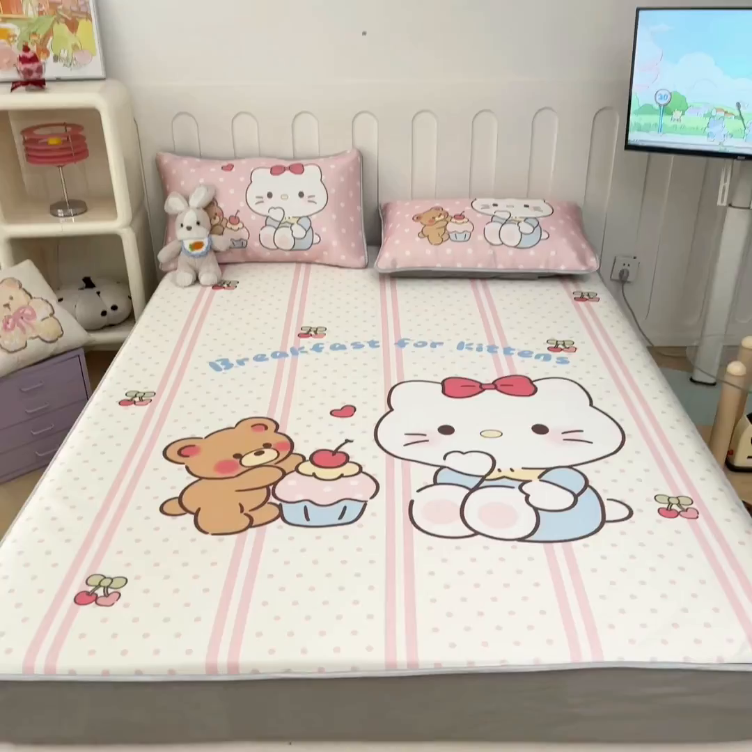 91家纺网 家纺一手货源 找家纺 柒月家居 2026新款大版印花碳光冰丝席床笠款凉席 床笠-猫咪伙伴