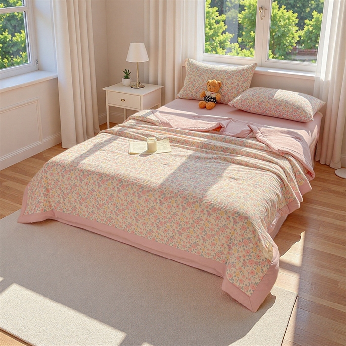 91家纺网 家纺一手货源 找家纺 晓时候 2026新款双层纱印花夏被床盖四件套新疆棉花被夏凉被空调被单夏被 繁花