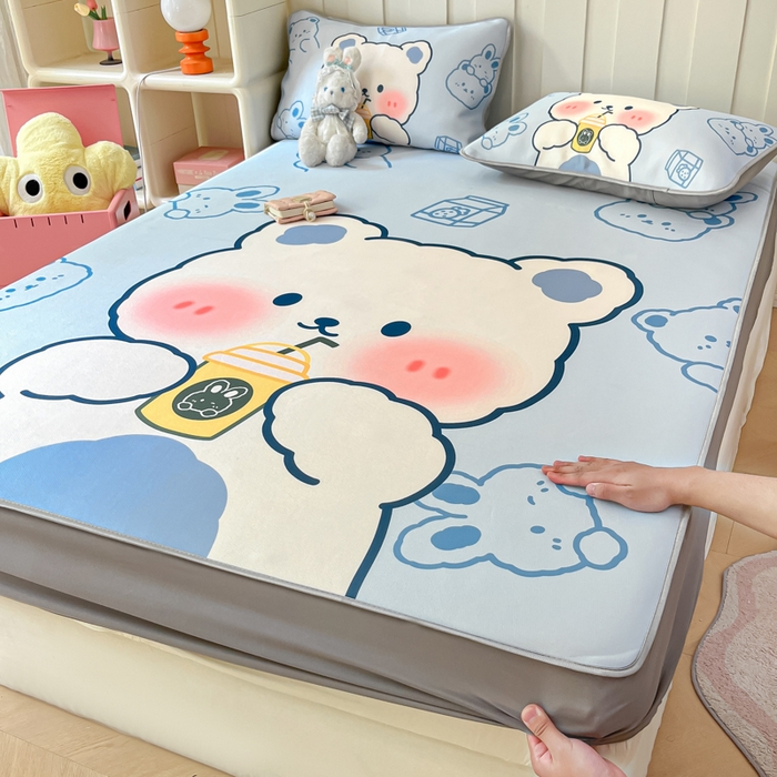 柒月家居 2026新款大版印花碳光冰丝席床笠款凉席 床笠-萌宝