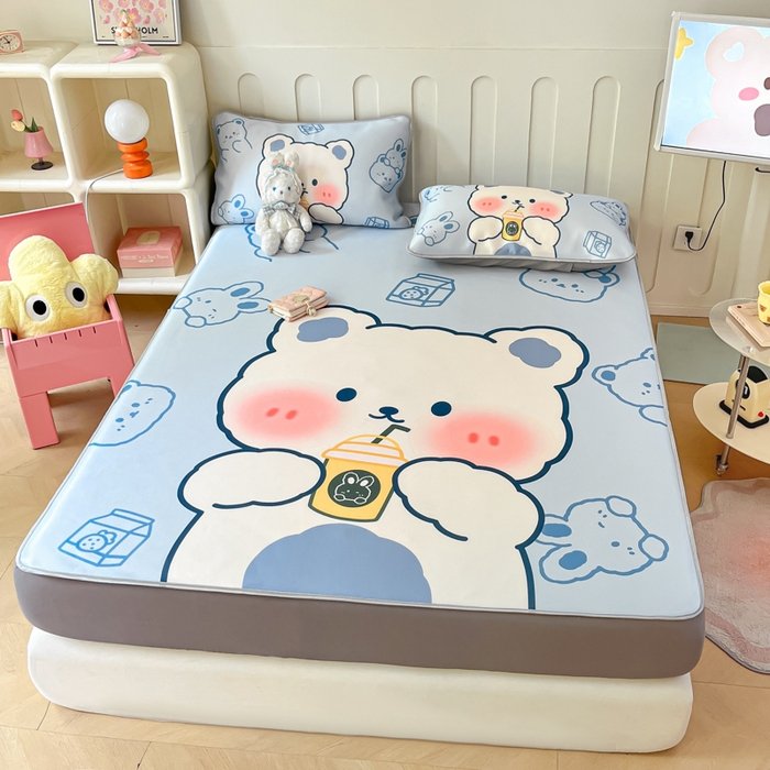 91家纺网 家纺一手货源 找家纺 柒月家居 2026新款大版印花碳光冰丝席床笠款凉席 床笠-萌宝