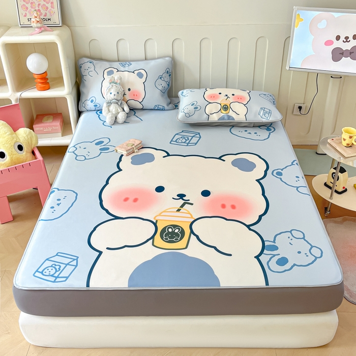 91家纺网 家纺一手货源 找家纺 柒月家居 2026新款大版印花碳光冰丝席床笠款凉席 床笠-萌宝