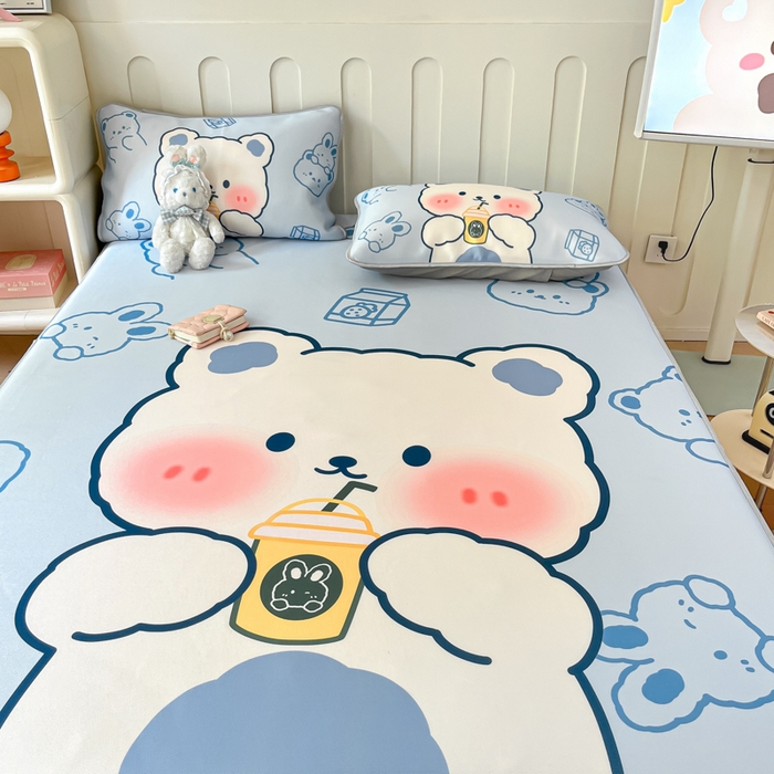 91家纺网 家纺一手货源 找家纺 柒月家居 2026新款大版印花碳光冰丝席床笠款凉席 床笠-萌宝