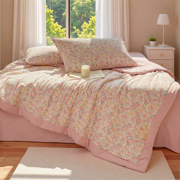 91家纺网 家纺一手货源 找家纺 晓时候 2026新款双层纱印花夏被床盖四件套新疆棉花被夏凉被空调被单夏被 繁花