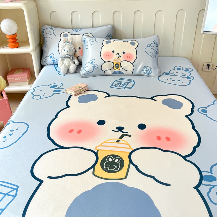 91家纺网 家纺一手货源 找家纺 柒月家居 2026新款大版印花碳光冰丝席床笠款凉席 床笠-萌宝